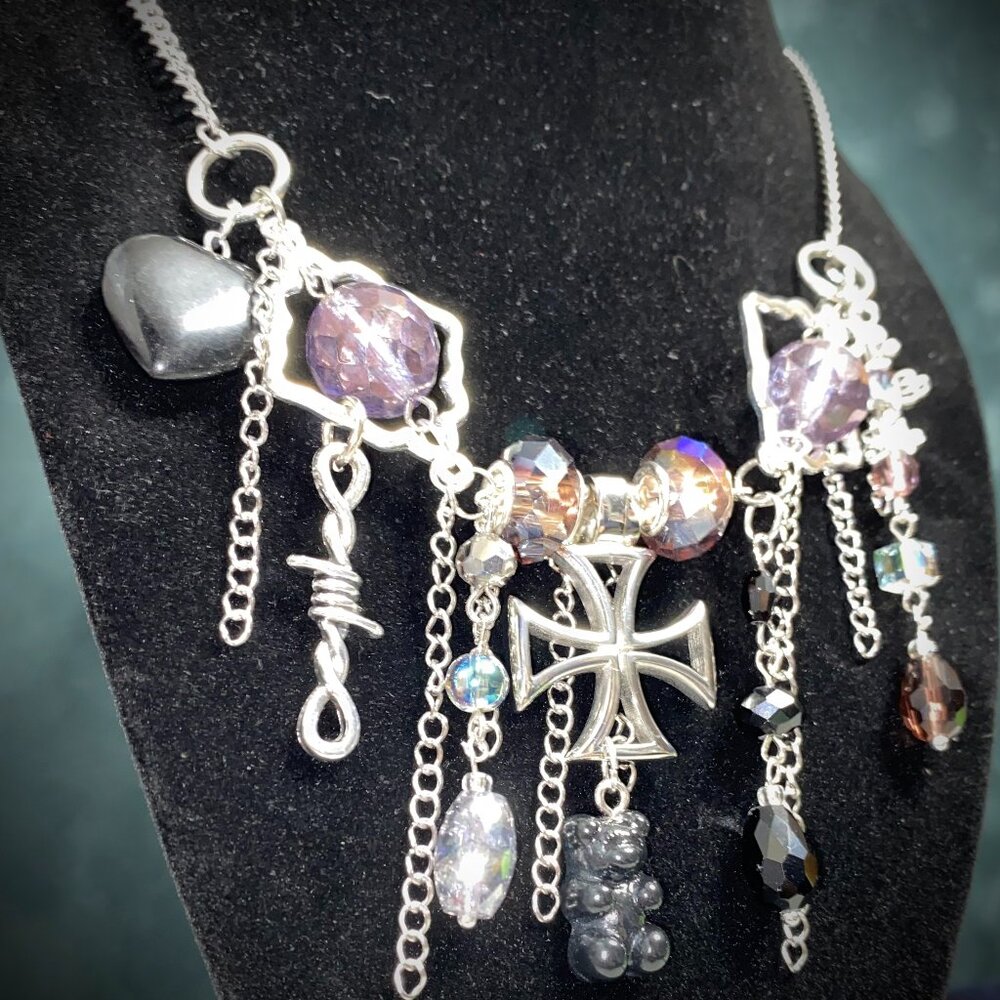 OOAK Trendy Charm Necklace--Goth Girl--Black Gummi Bear--Maltese Cross--Silver